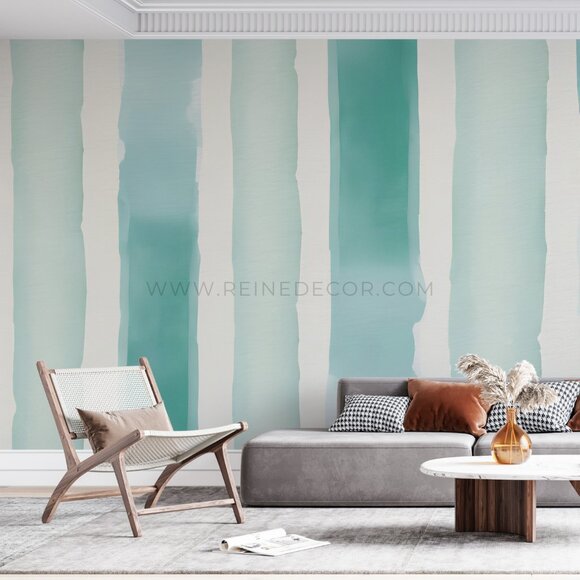 Teal Watercolor Stripes Wallpaper | Stylish Abstract Decor - Picture 3 of 7